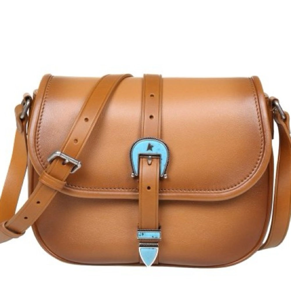 Golden Goose Tan Leather Crossbody Bag with Turquoise Accent